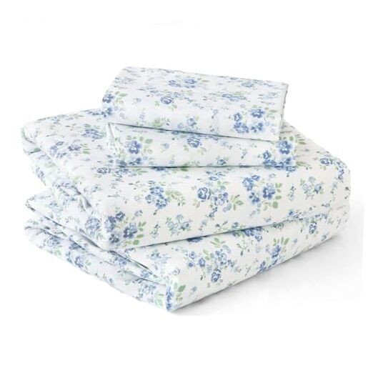 Queen Size 4 Piece Sheet Set, Soft Queen (60"×80") 01 - Blossoms Light Blue gallery