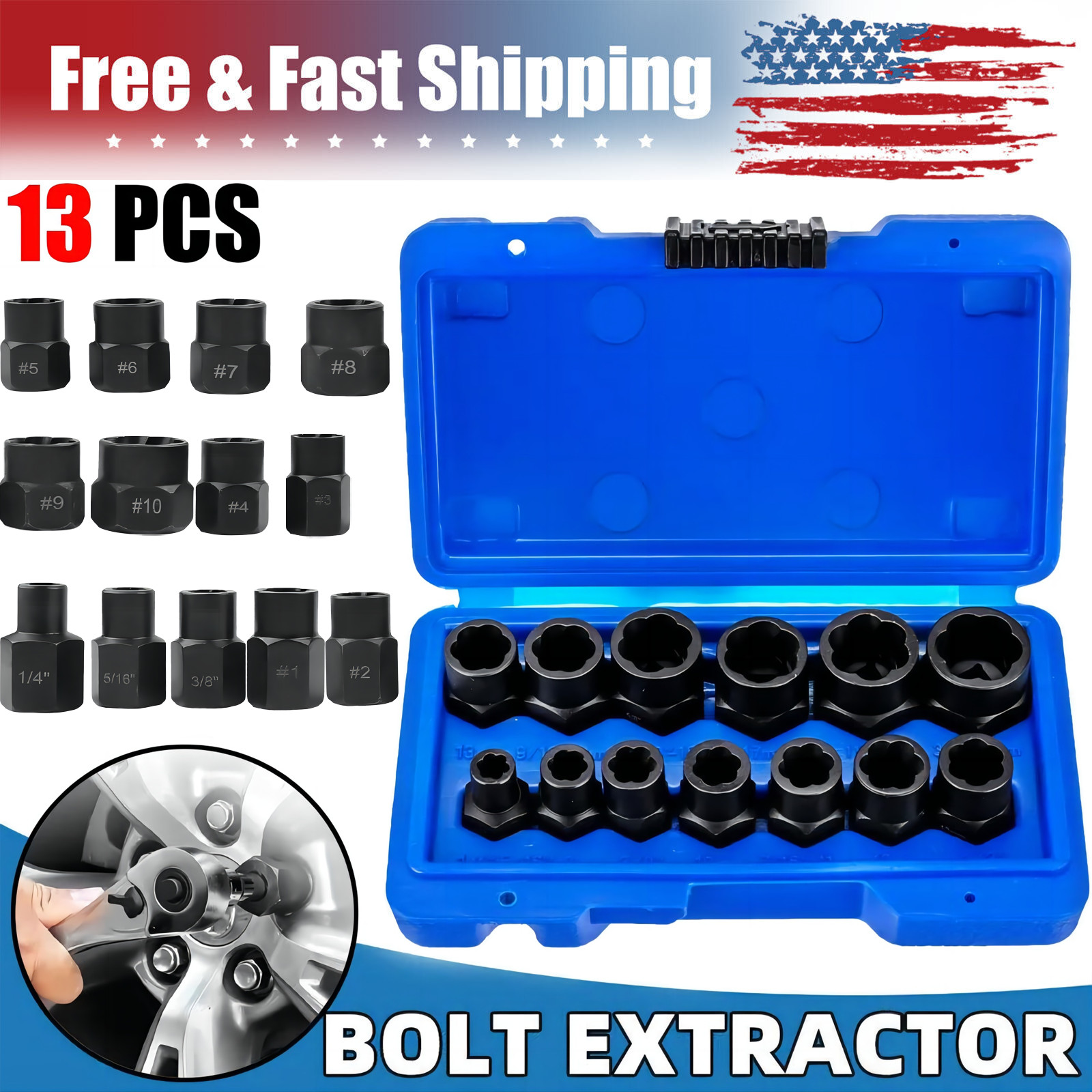 Impact Bolt Extractor Set Nut Remover Set Stripped Extraction Socket Tool 13X US gallery