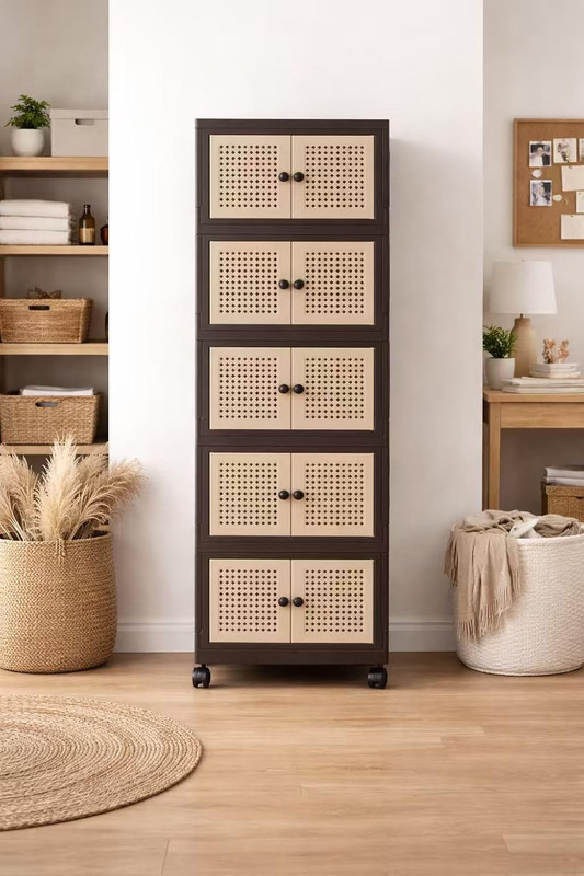 Foldable Plastic Storage Cabinet with Wheels, Rattan-Style Doors, Stackable Orga gallery