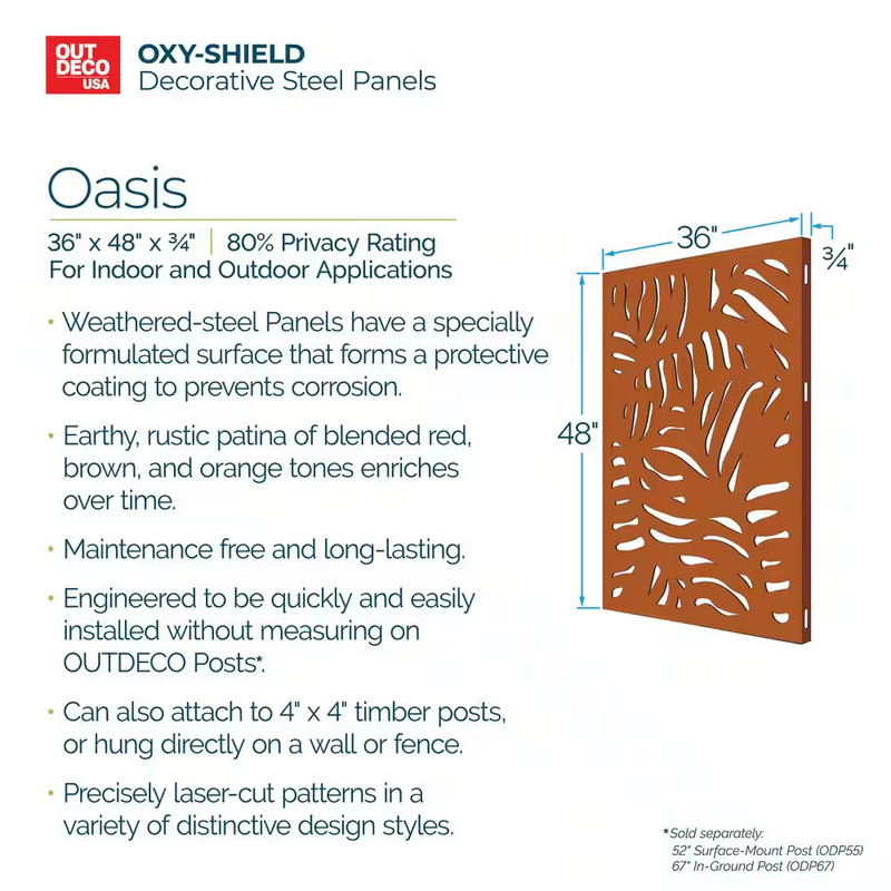 Oasis 3 Ft. X 4 Ft. Decorative Privacy Panel in Oxy-Shield Weathered Steel with gallery