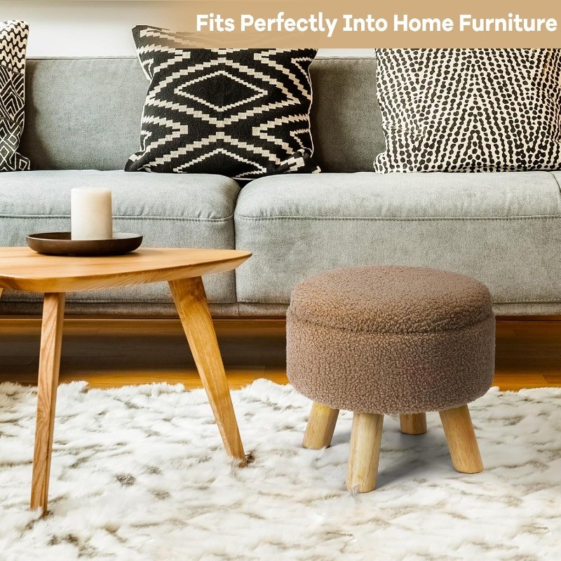 Small Round Ottoman with Storage, Boucle Teddy Velvet Footstool with Wood Legs gallery