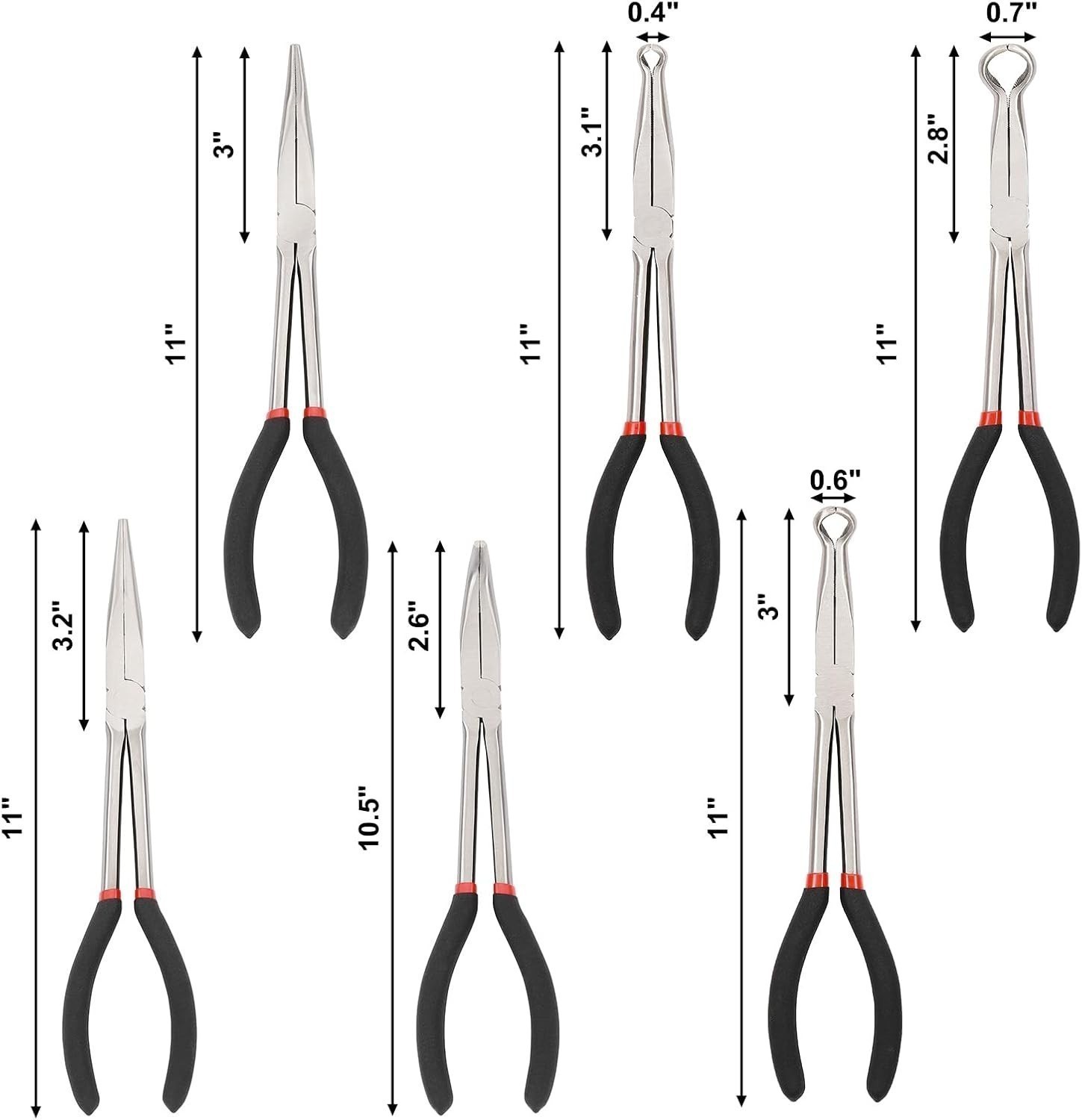 6PCS Extra Long Reach Pliers Set, 11" Straight, 45 and 90 Bent Nose, 5/16", 1/2" gallery