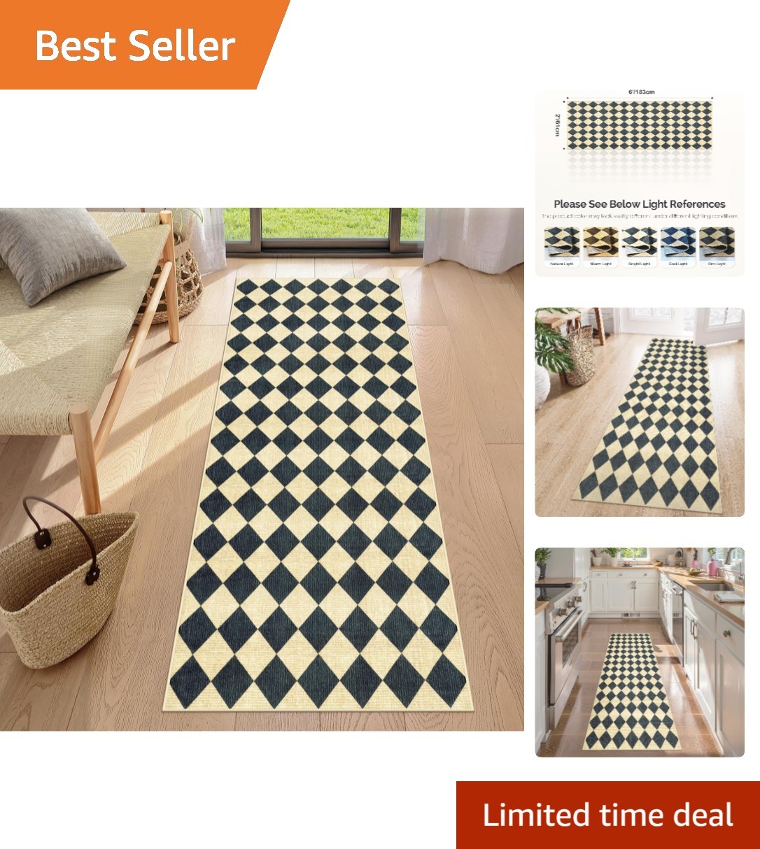 Elegant 2x6 Diamond Checkered Runner Rug – Machine Washable & Non-Slip gallery