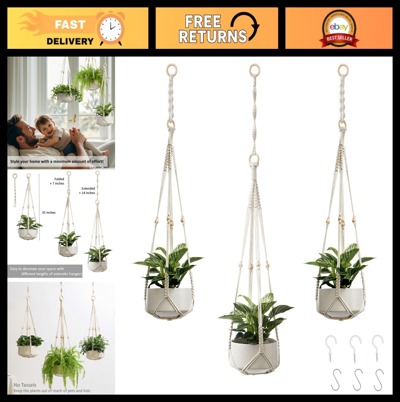 Boho Macrame Plant Hangers Indoor & Outdoor - 3 Pack Rope Hanging Planters with gallery