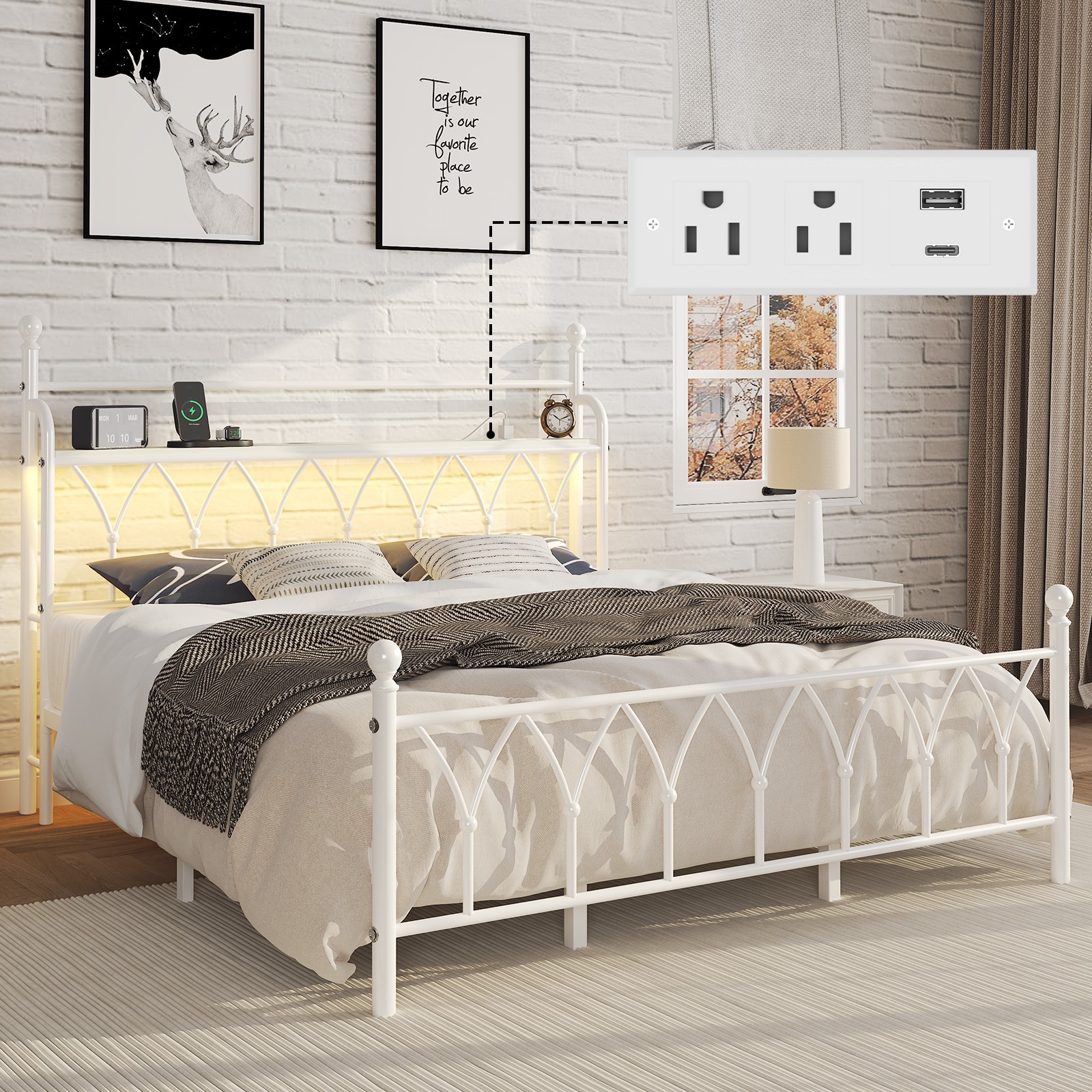 Queen Metal Bed Frame with Charging Station, Headboard storage space,LED Lights. gallery
