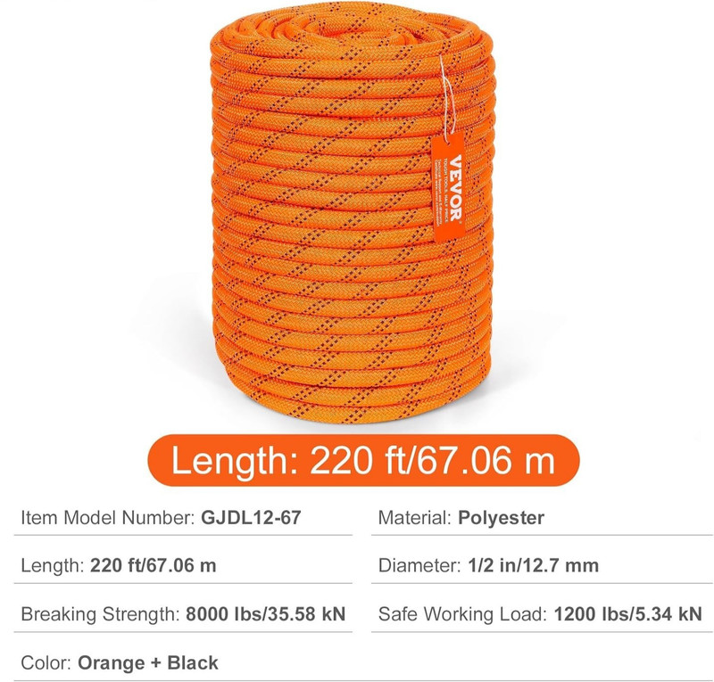 Double Braided Polyester Rope, 1/2 in x 220 ft, 48 Strands, 8000 LBS Breaking gallery