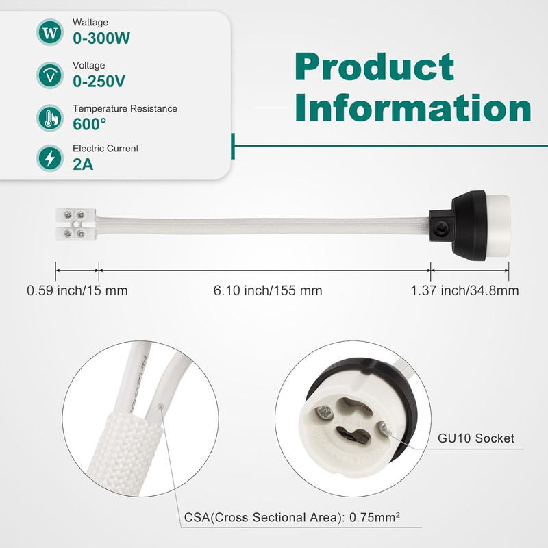 GU10 Ceramic Socket Lamp Holder, 15CM Long Wire Bulb Holder for GU10 Spotlight B gallery