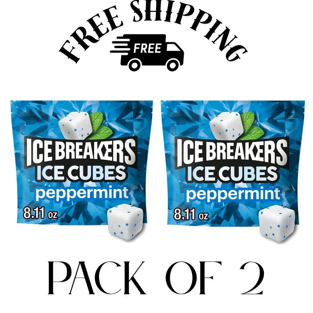 (PACK OF 2) Ice Breakers Ice Cubes Peppermint Sugar Free Chewing Gum, 100 Pieces gallery