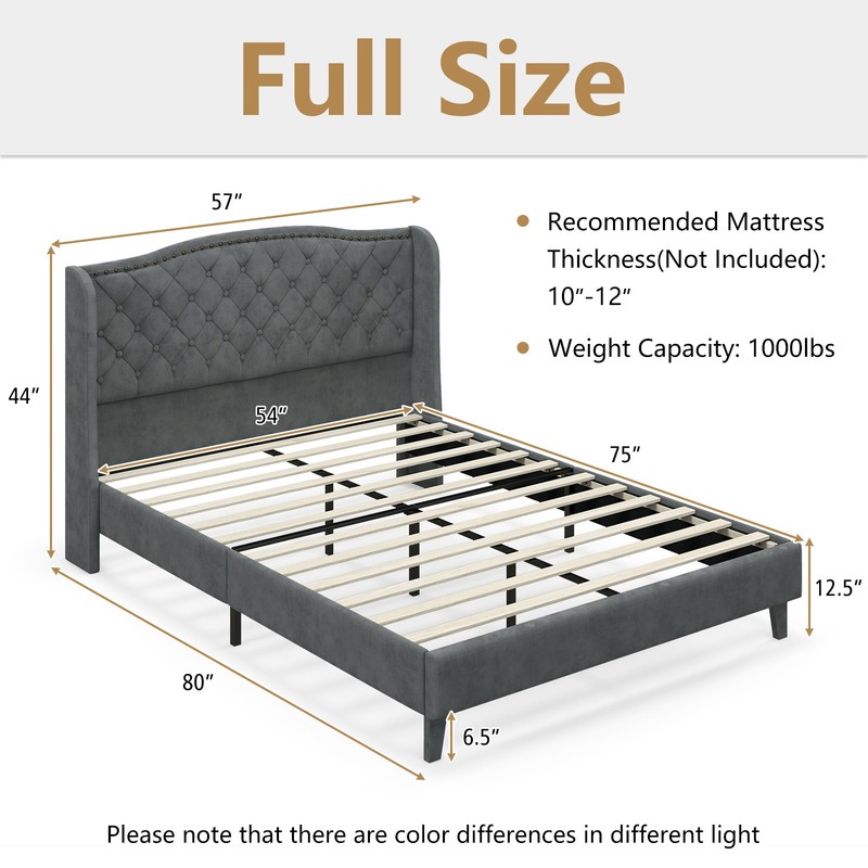 Full Upholstered Bed Base Bed Frame w/ High Density Sponge Padded Headboard Grey gallery