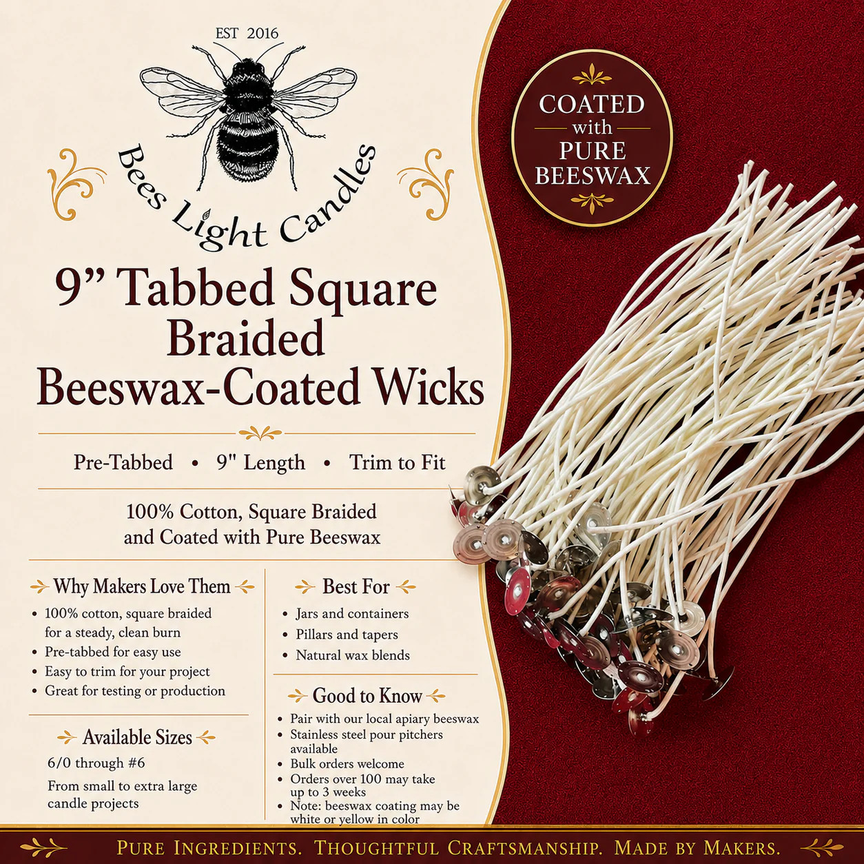 9 Inch Square Braided Series Beeswax Coated Cotton Wicks with Metal Tab gallery