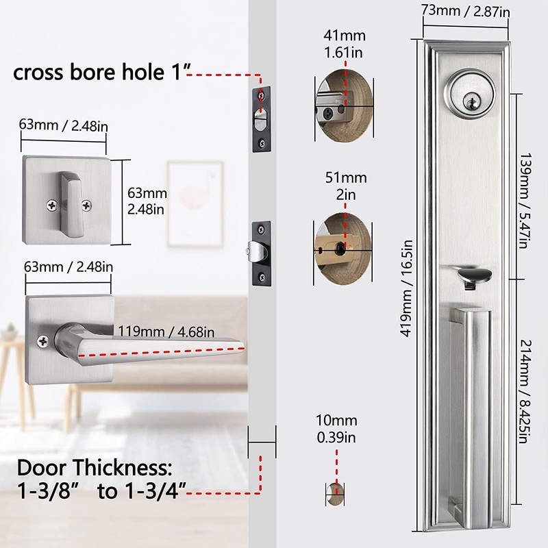 Front Door Handle Satin Nickel Double Door Lock Set, Entrance Handle Set gallery
