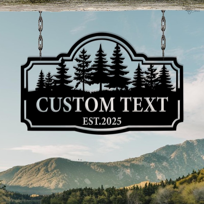 Custom Cabin Metal Sign, Pine Tree Forest Design, Personalized Cabin Sign gallery
