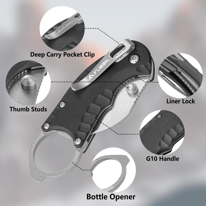 FLISSA 4" Folding Pocket Knife Liner Lock EDC Knife G10 Handle Steel Blade Black gallery