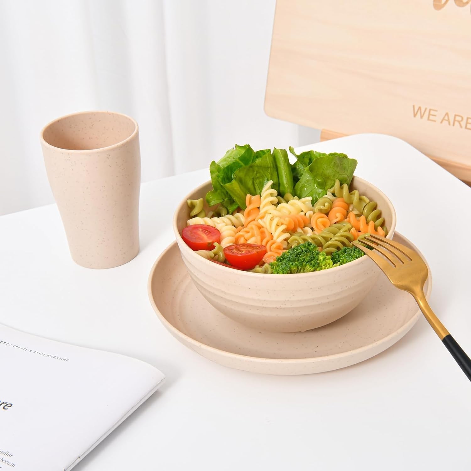 24 - Piece Wheat Straw Dinnerware Set - Plates and Bowls for 6, Unbreakable, Dis gallery
