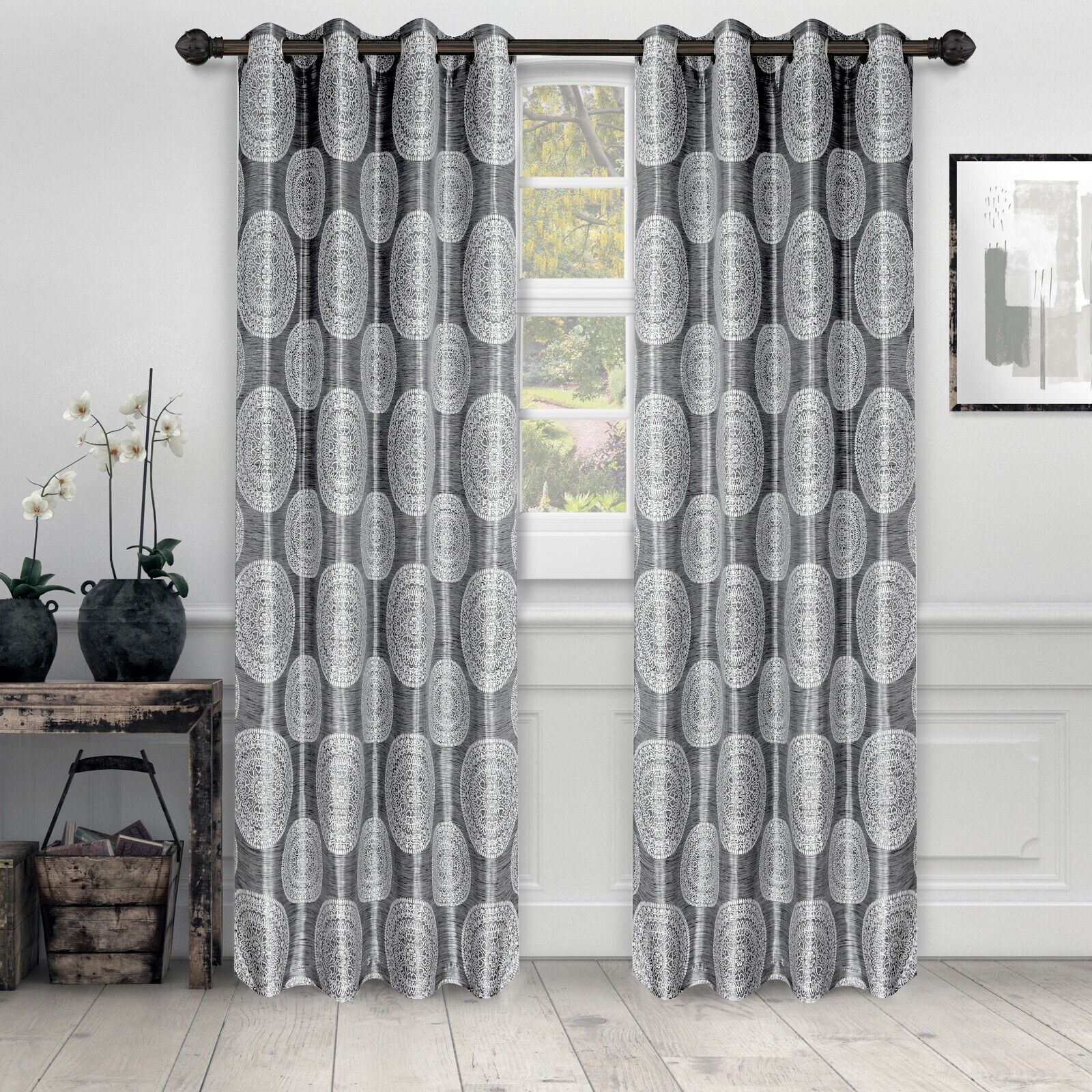 Jacquard Floral Medallion Grommet Header Bedroom Window Curtain Panel Drapes Set gallery