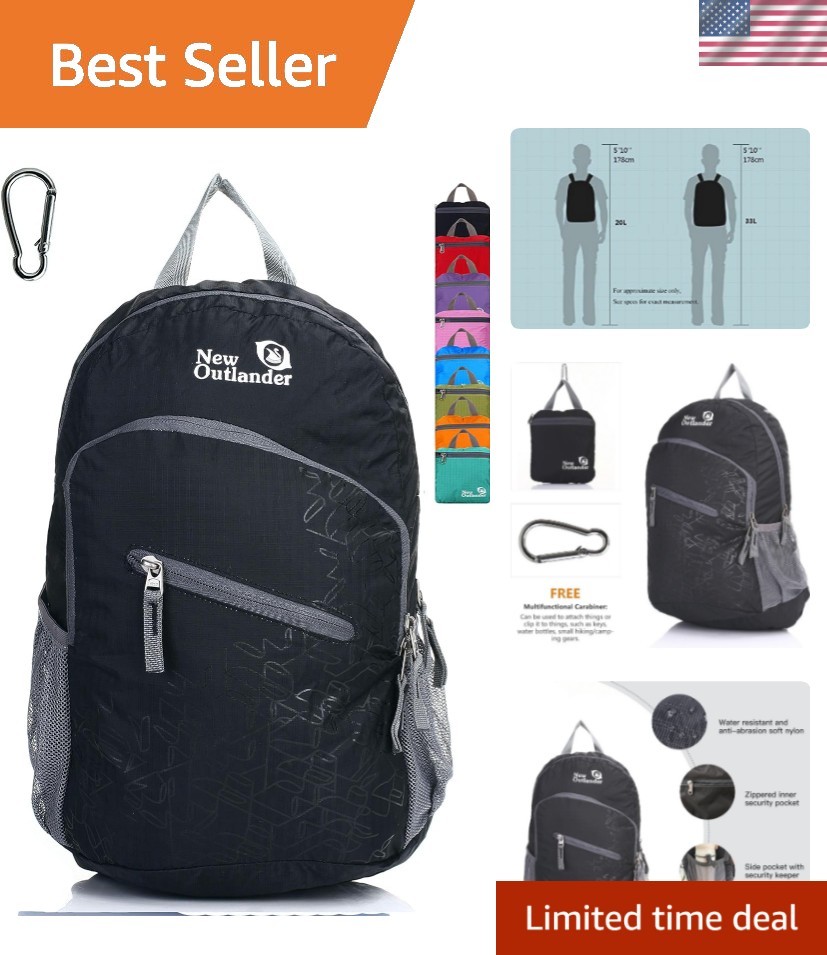 Packable Handy Lightweight Travel Hiking Backpack Daypack, Black
