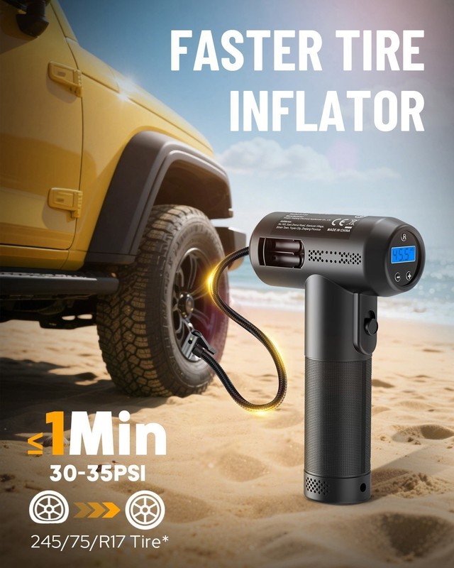 CAR AIR COMPRESSOR USB RECHARGEABLE CORDLESS TIRE INFLATOR PORTABLE AIR PUMP gallery