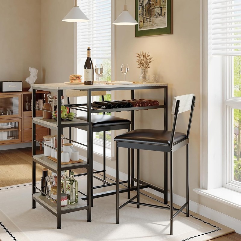 3-Piece Dining Table Set w/ Upholstered Bar Stool Wine Rack Kitchen Dining Room gallery