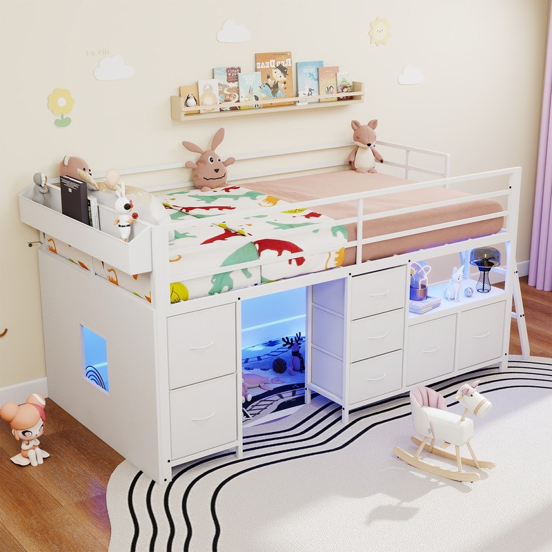 Low Loft Bed Twin Size with 7 Storage Drawers, Bookcase and LED Light，White gallery