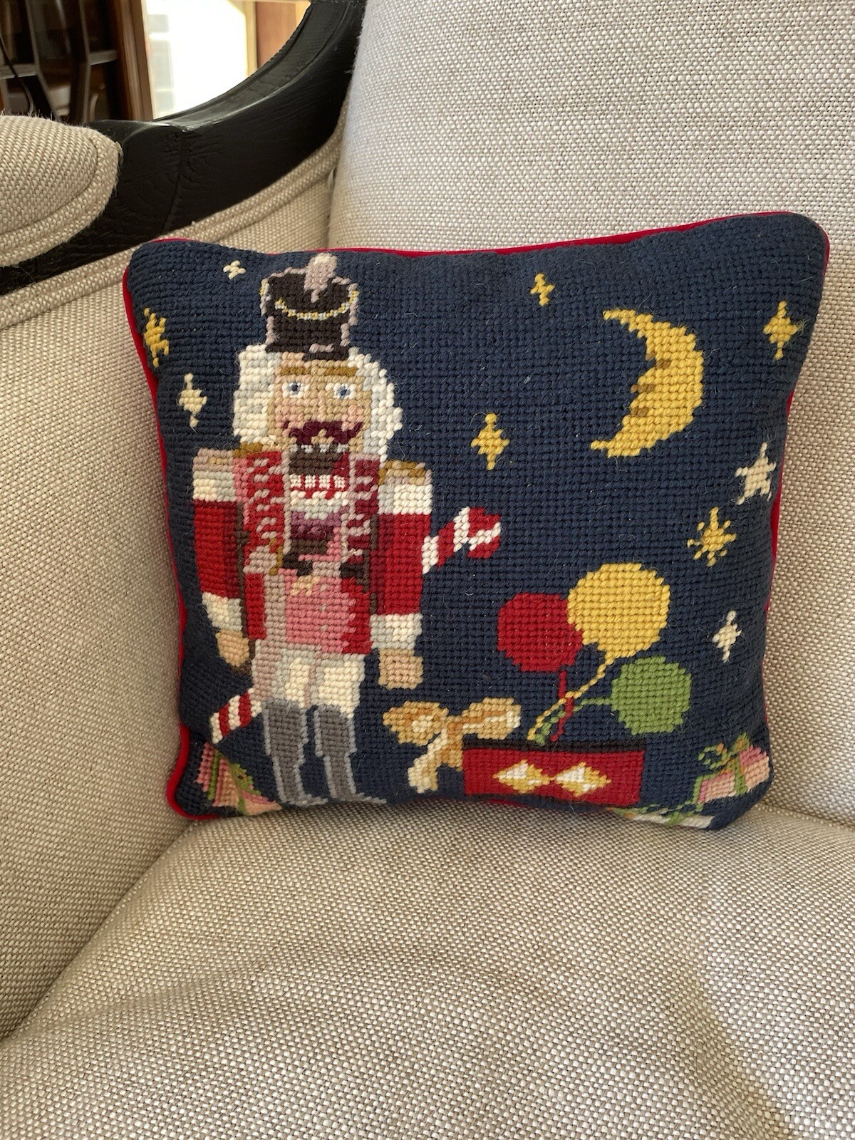 VTG Handcrafted Needlepoint Nut Cracker Soldier Gifts Christmas Accent Pillow Sq gallery