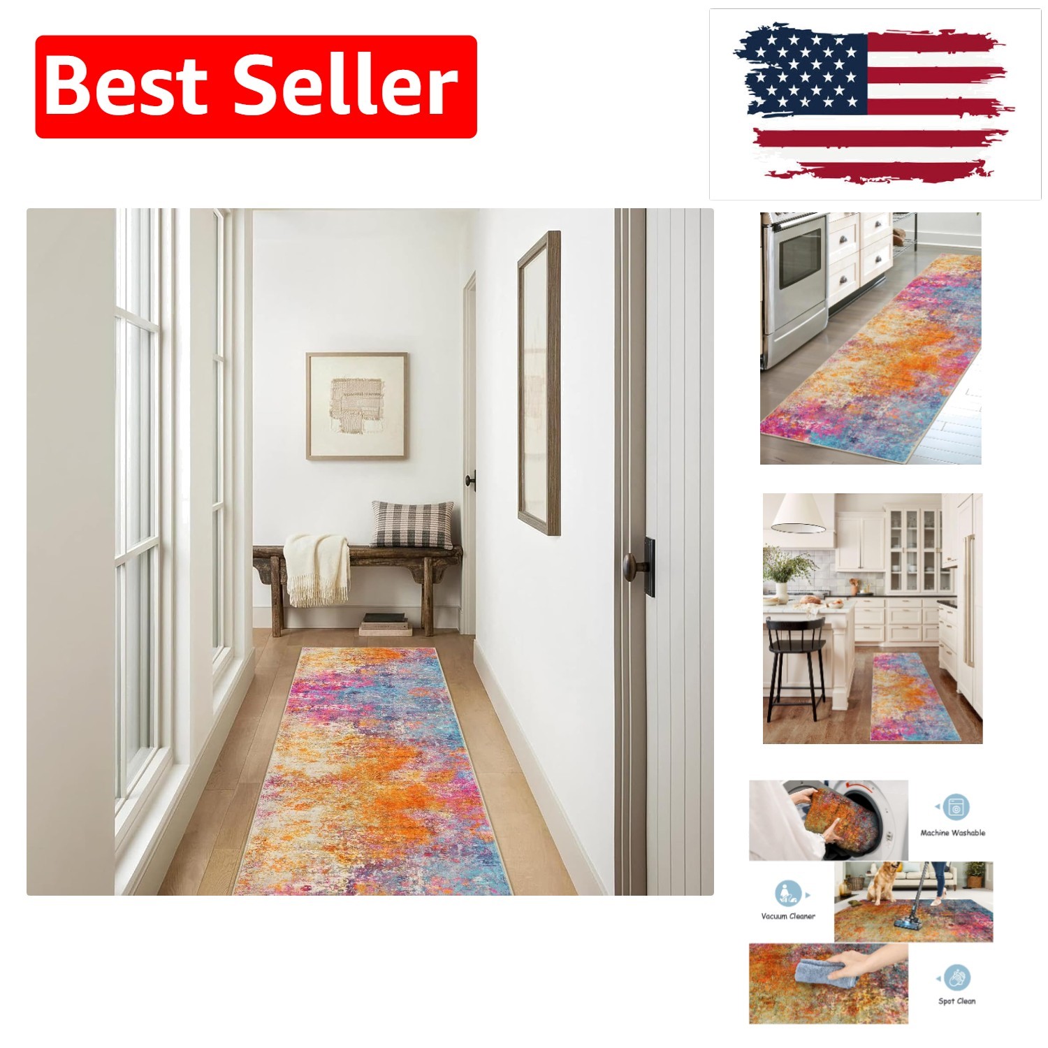 Modern Abstract Runner Rugs with Rubber Backing - 2x8 Colorful Rug Runners fo... gallery