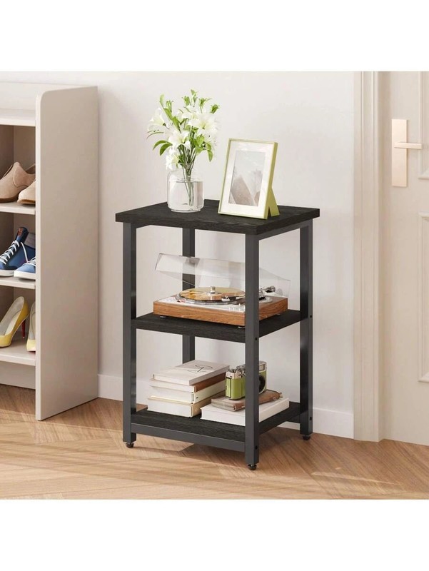 Modern 3-Tier Rectangular Side Table Black Wood Grain Living Room gallery
