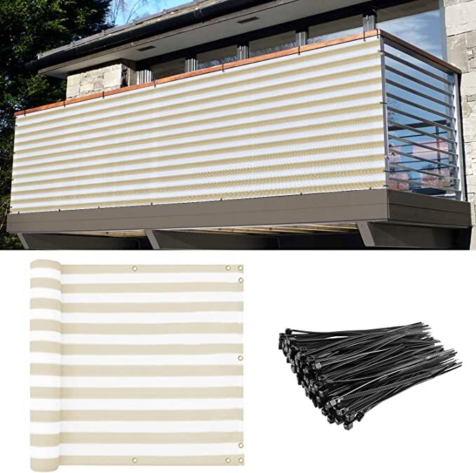 Beige White stripes Privacy Screen Fence Patio Deck Balcony Porch w/Grommets gallery