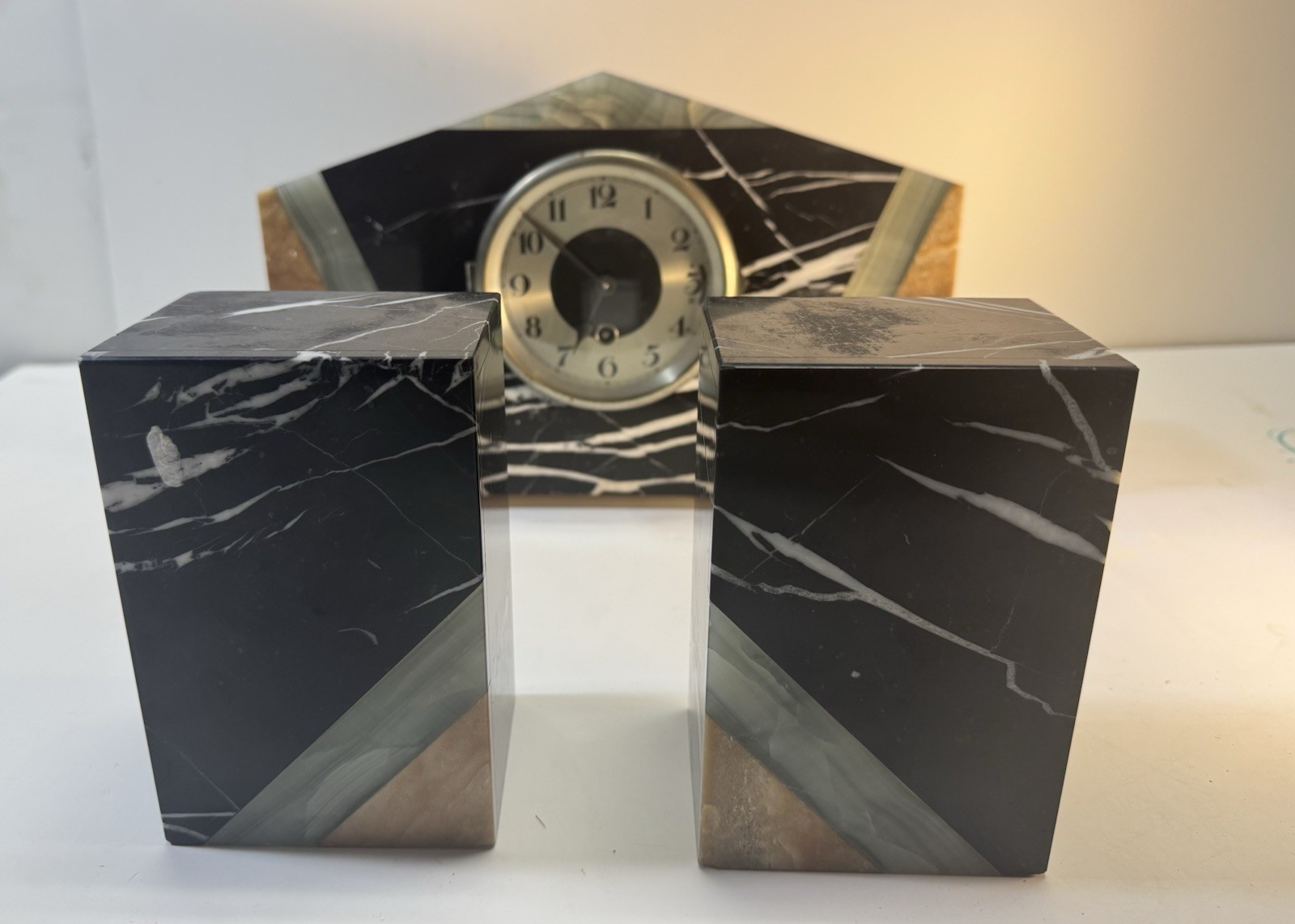 French Art Deco 3-Piece Clock Set Marble Mantel Clock gallery