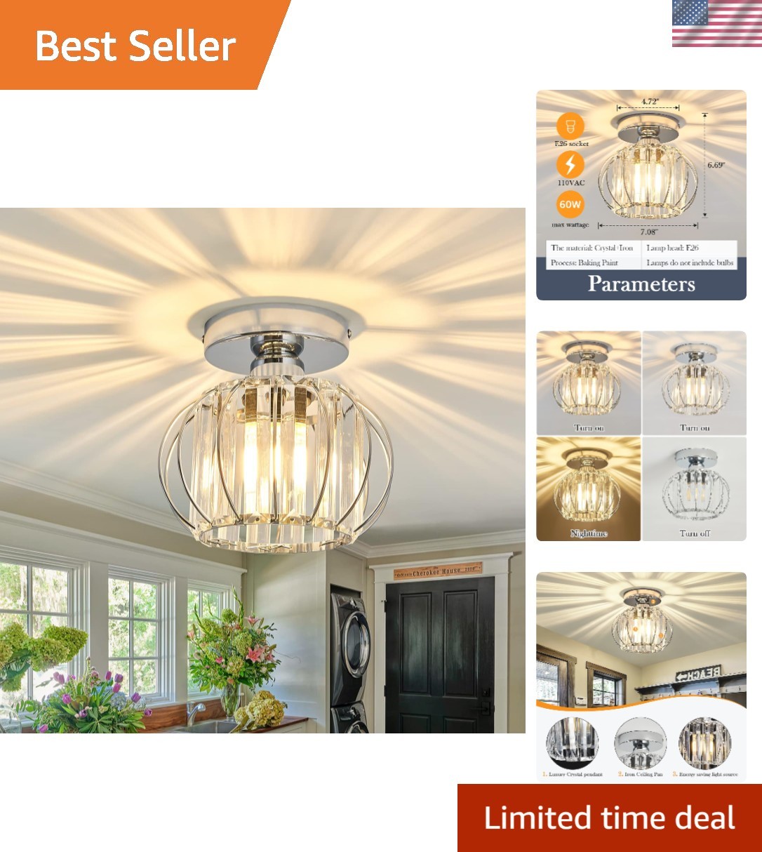 Modern Semi Flush Mount Crystal Chandelier - Elegant Ceiling Lamp for All Rooms gallery