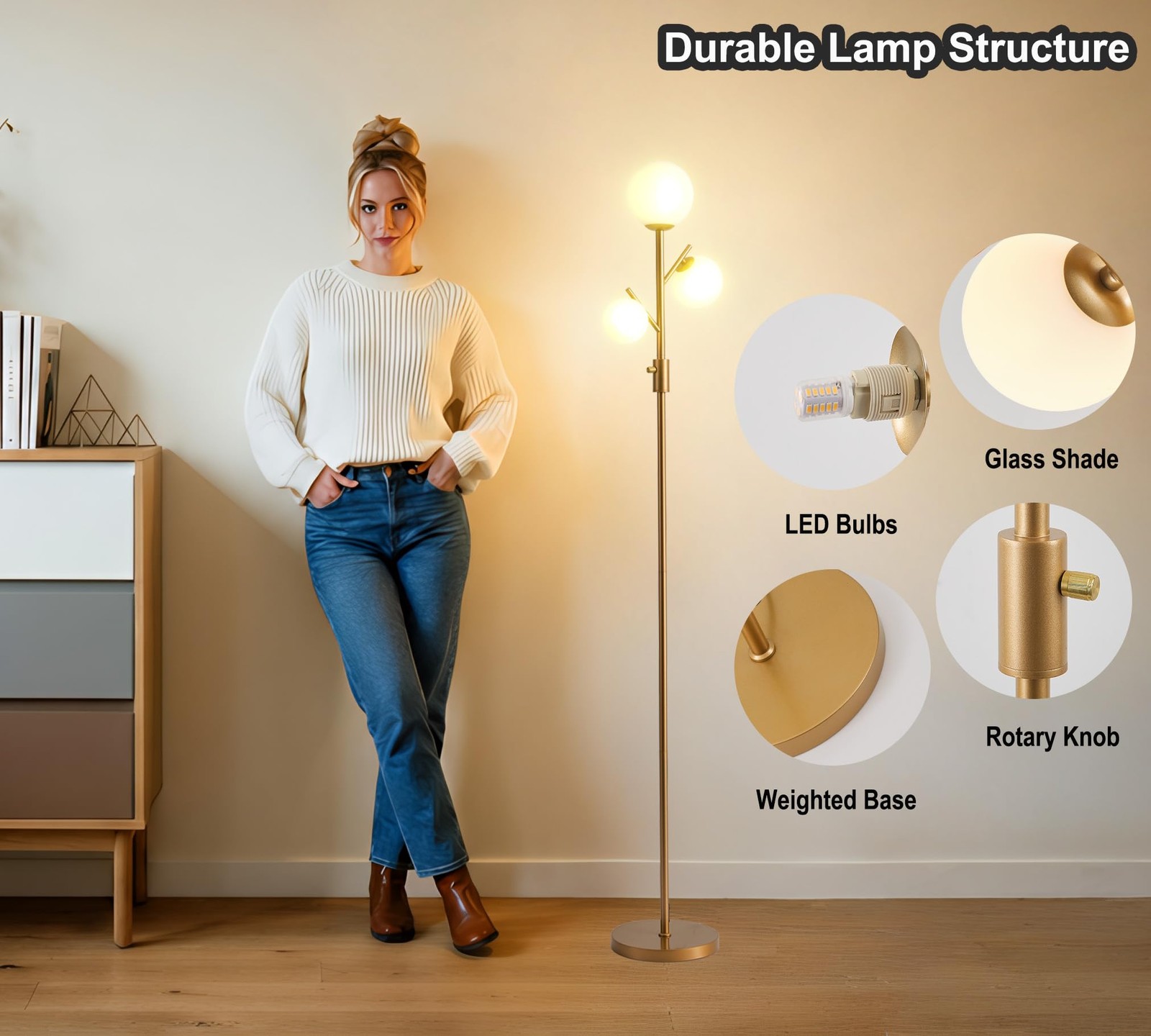 Floor Lamp 3 Globe Dimmable LED Mid Century Modern Gold Fiqevs Tree Standing gallery