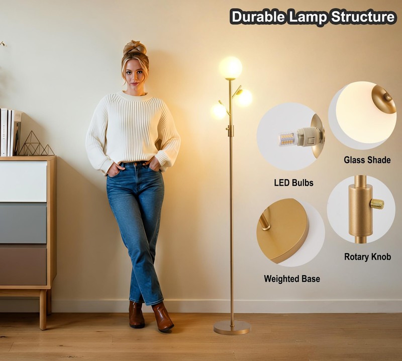 Floor Lamp 3 Globe Dimmable LED Mid Century Modern Gold Fiqevs Tree Standing gallery