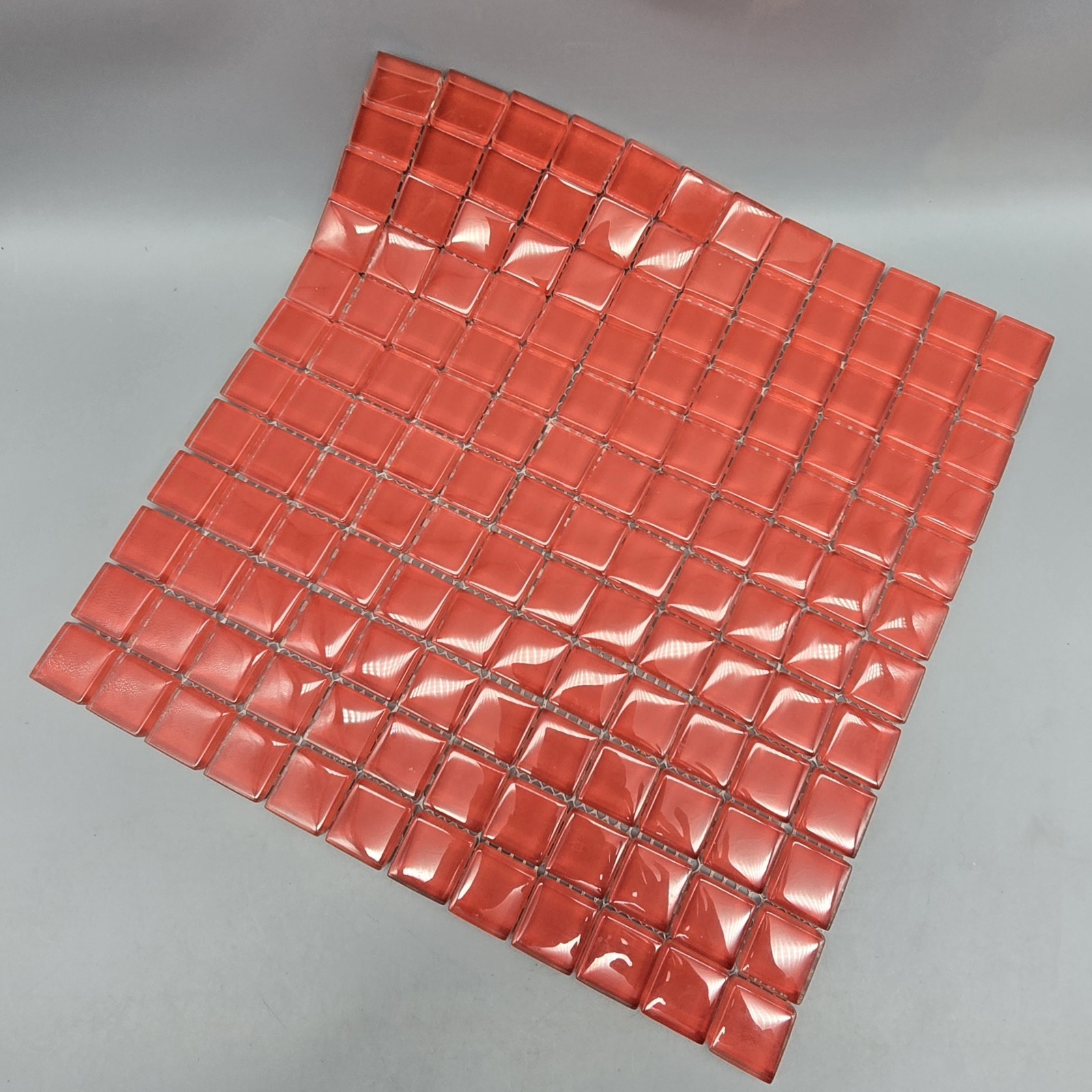 144 Tiles 1" Square Deep Orange on 12" Mesh Sheet, Foiled Polished Clear Glass gallery