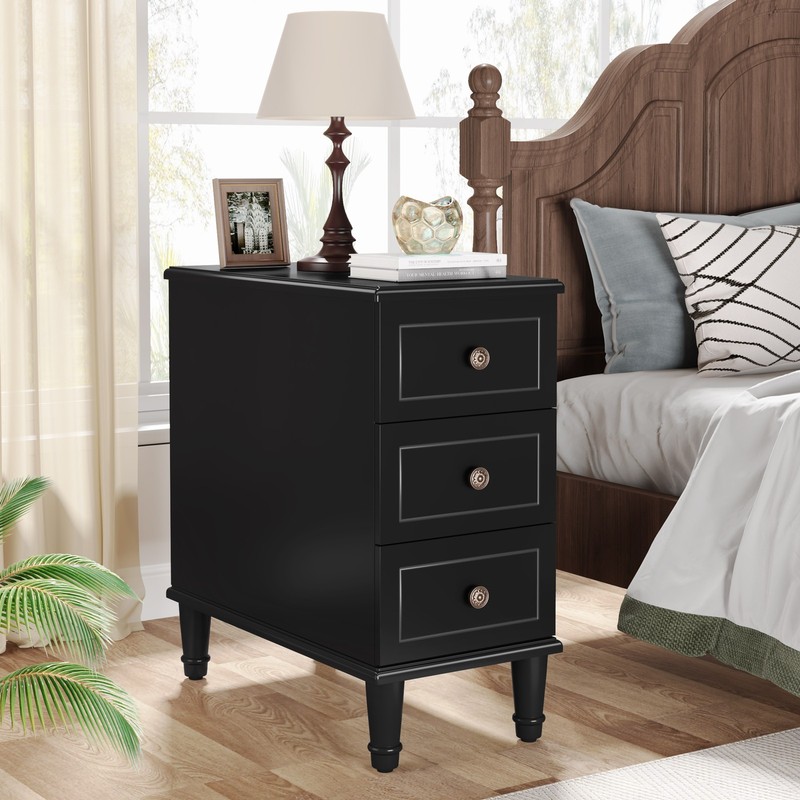 Solid Wood End Table, Fully Assembled Narrow Side Table with 3 Drawers Black gallery