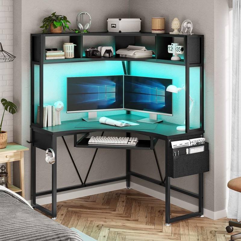 Triangle Corner Computer Desk with Keyboard Tray Home Office Desk w/ LED Lights gallery