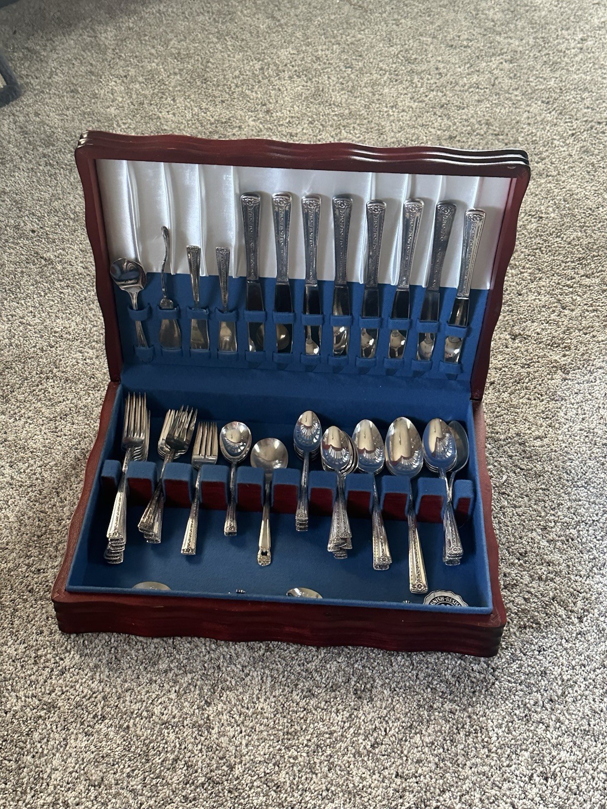 53pc Silver Tone Floral Handle Flatware Set w/ Medium Brown Wood Case, 8 gallery