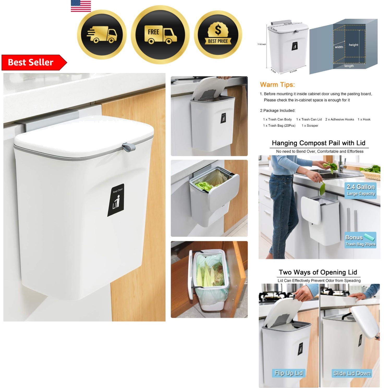 Kitchen Compost Bin 2.4 Gallon Odorless Hanging Trash Can with Lid gallery