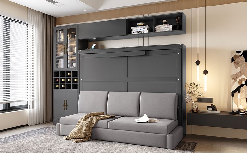 Full Size Murphy Bed with Sofa, Shelves, USB & Light, Gray gallery