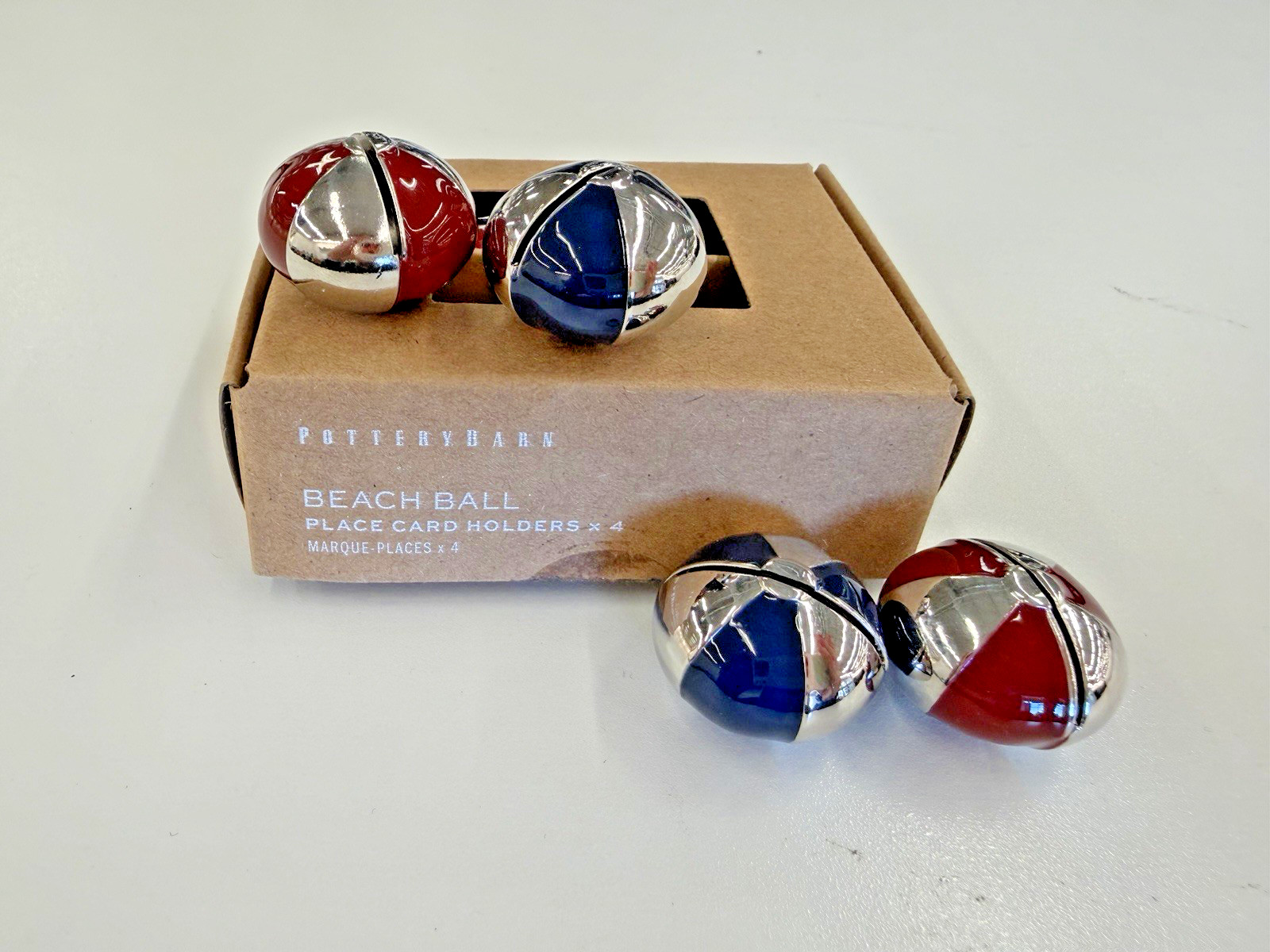 4 Pottery Barn METAL Silver Red Blue Beach Ball Place Card Holders Summer NIB gallery