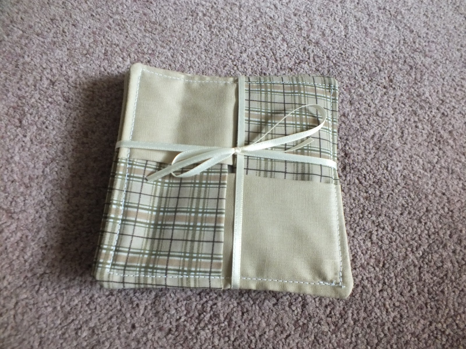 Beautiful Handmade Coaster Set 4 Tan Beige Plaid Design 4 1/2" Square gallery