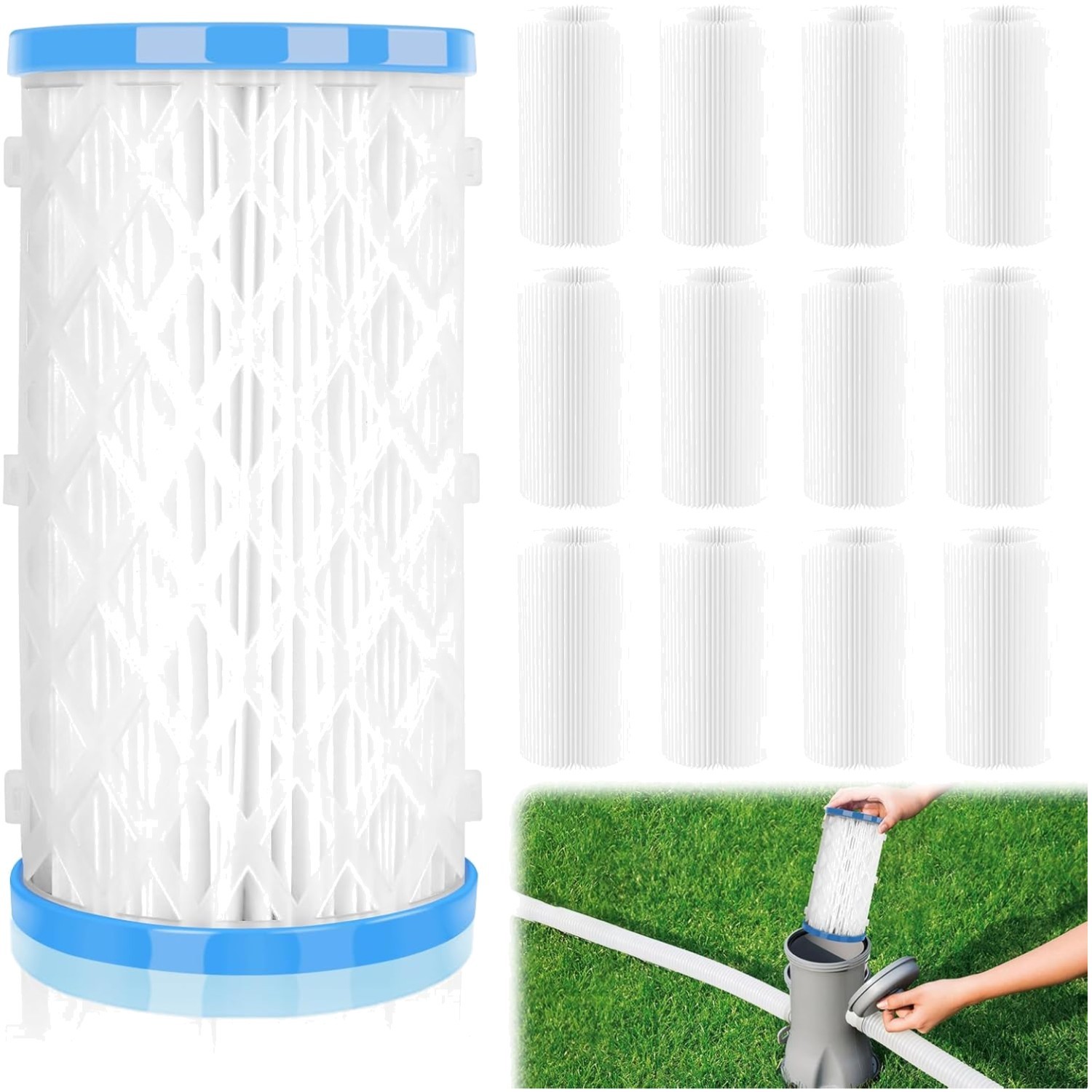 Reusable Pool Filter System with 12 Cartridges - Triple Filtration Power gallery