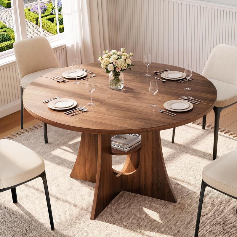 47" Round Dining Table for 4-6, Space-Saving Dining Room Table with Thick Tab... gallery