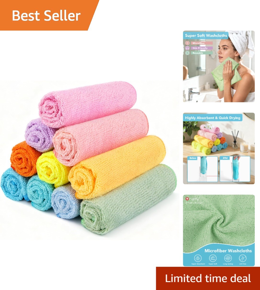 Elegant Multi-Color Microfiber Washcloth Set - 10 Pack of Soft, Absorbent Towels gallery