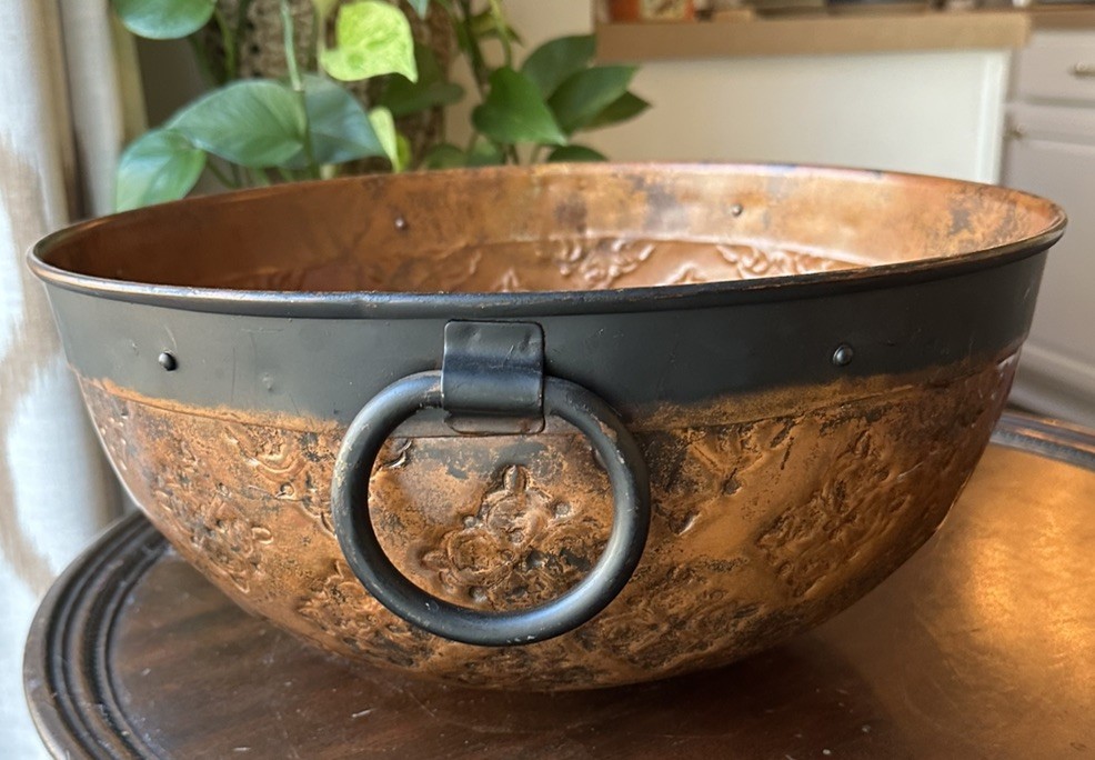 Embossed Rustic Metal Riveted Decorative Bowl With Handles HTF