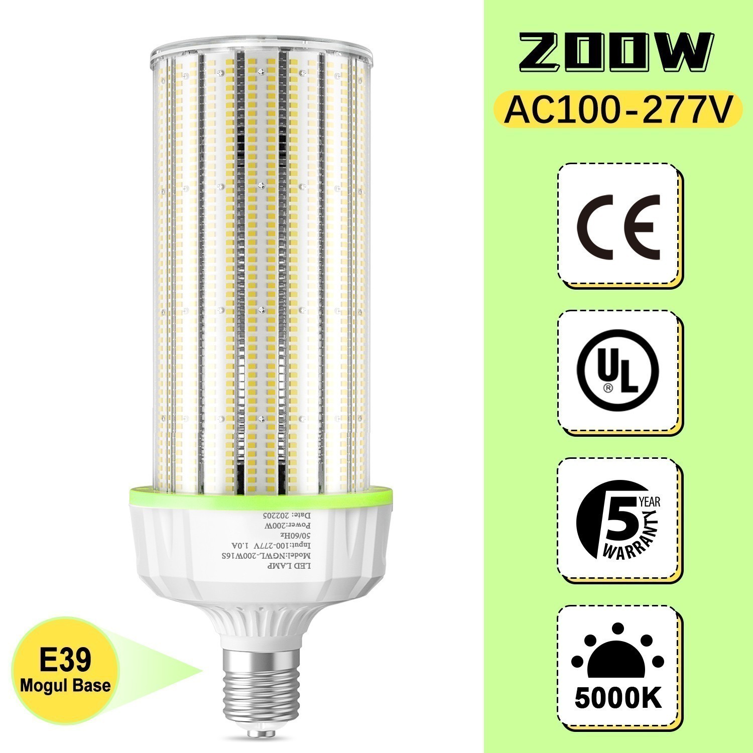 200 Watt LED Corn Light Warehouse Commercial High Bay Bulbs AC100-277V 5000K E39 gallery