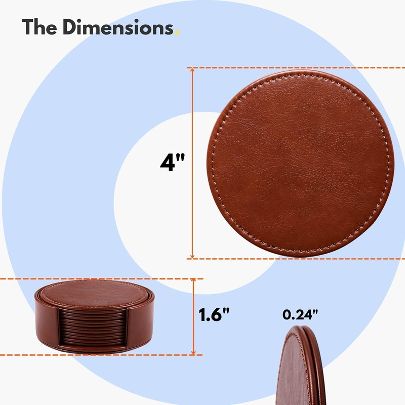 LAMOTI Leather Coasters for Drinks, 4" Drink Coasters Set of 6 with Holder fo... gallery