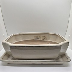 Rectangular Glazed Ceramic Bonsai Pot w/ Drainage Holes & Saucer Beige