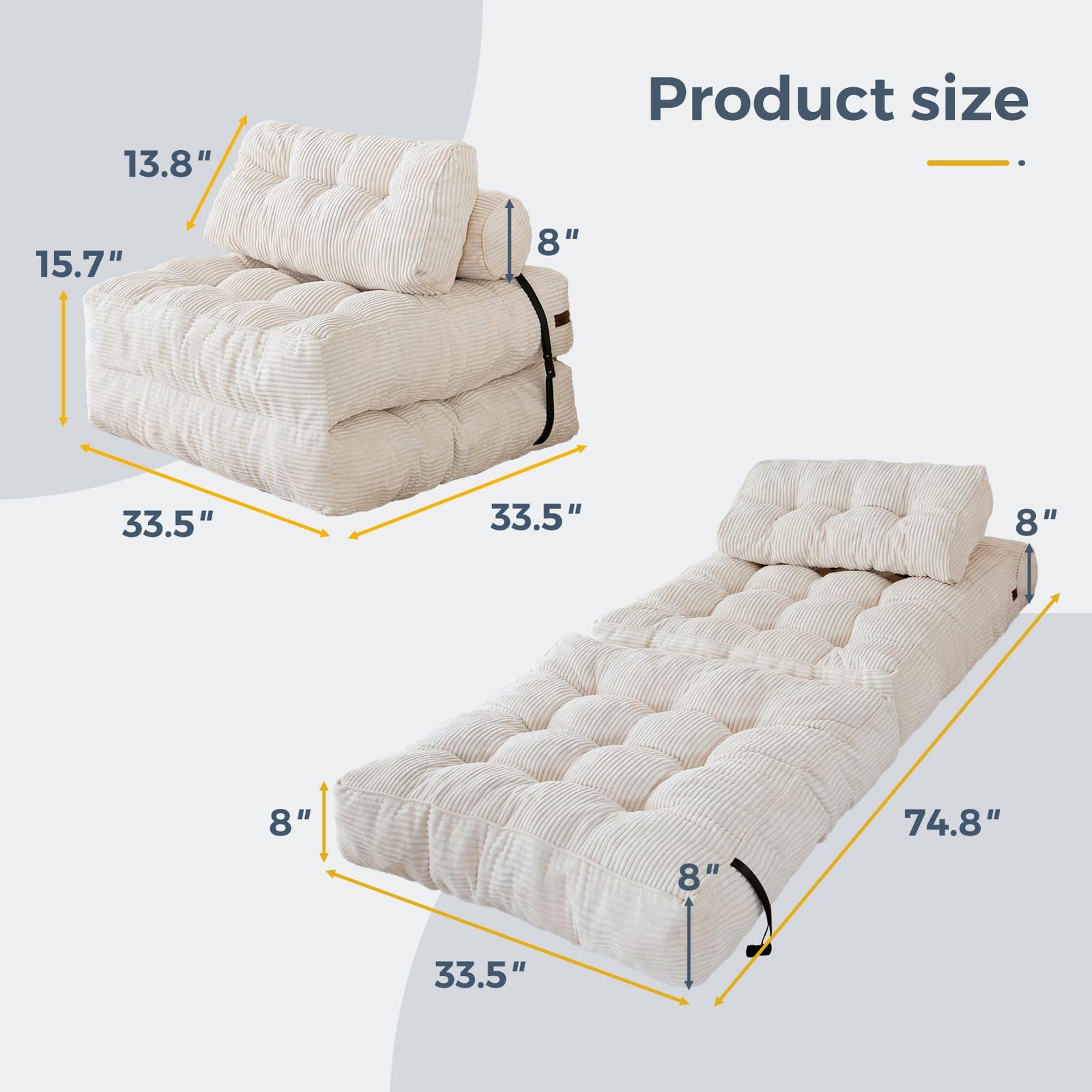 Folding Sofa Bed Convertible Sleeper Chair Foldable Mattress Beige Single Pillow gallery