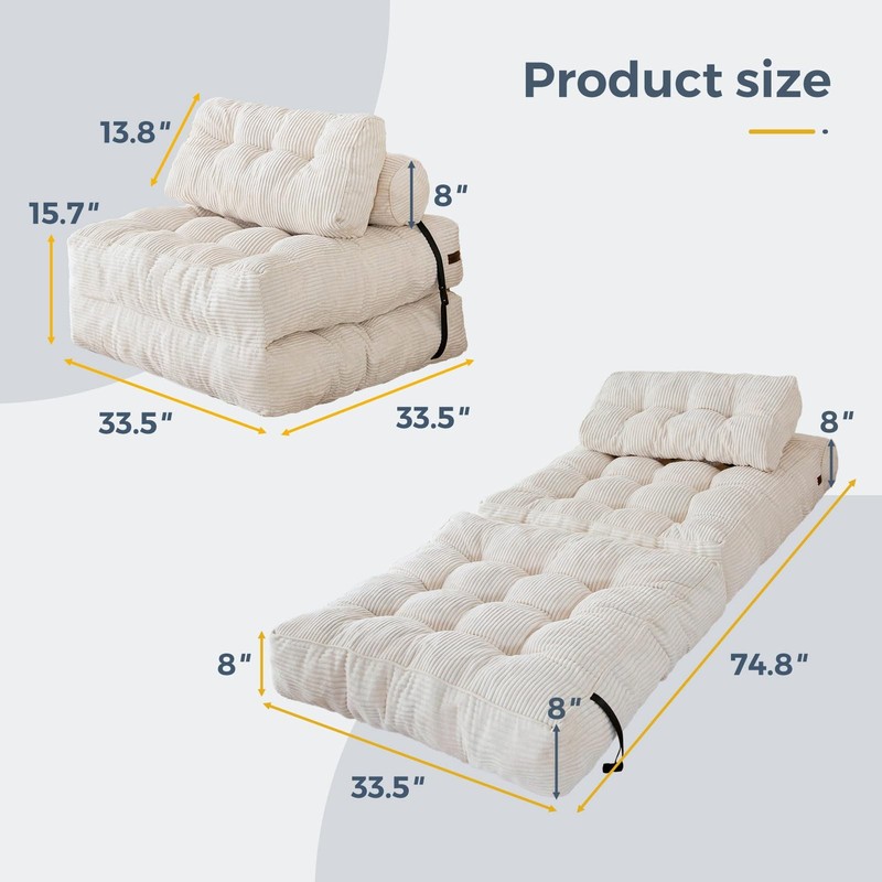 Folding Sofa Bed Convertible Sleeper Chair Foldable Mattress Beige Single Pillow gallery