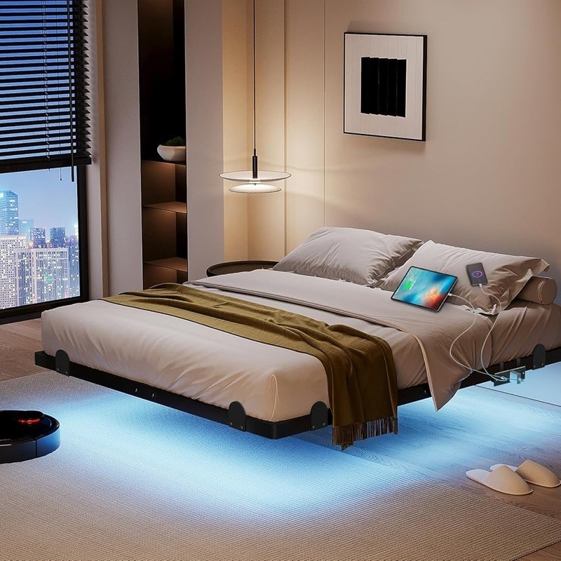 LED Bed Frame W/ Charging Station & Metal Support Squeak Resistant Design New gallery
