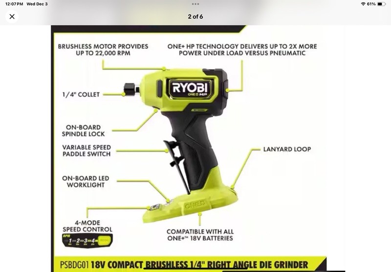 Ryobi 18V 1/4 in. Right Angle Die Grinder Kit W/Battery & Charger PSBDG01K1 NEW gallery